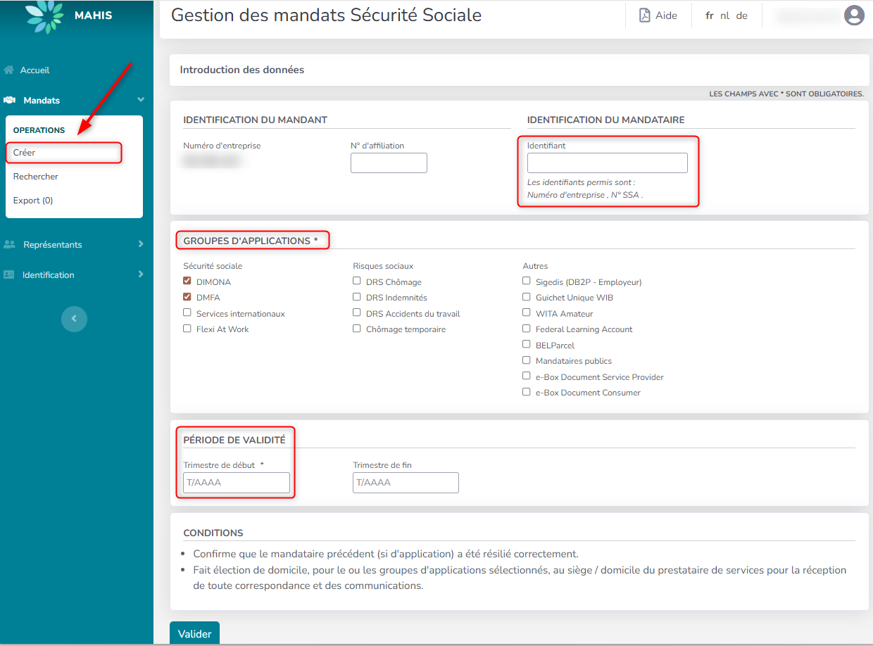 Screenshot for managing mandates. Red boxes to select "identification", "groups", "period" and "create".