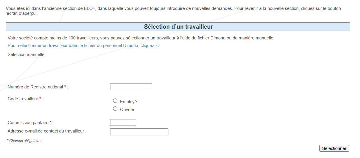 Screenshot to select an employee for submitting a new request. Possibility to fill in different parameters.