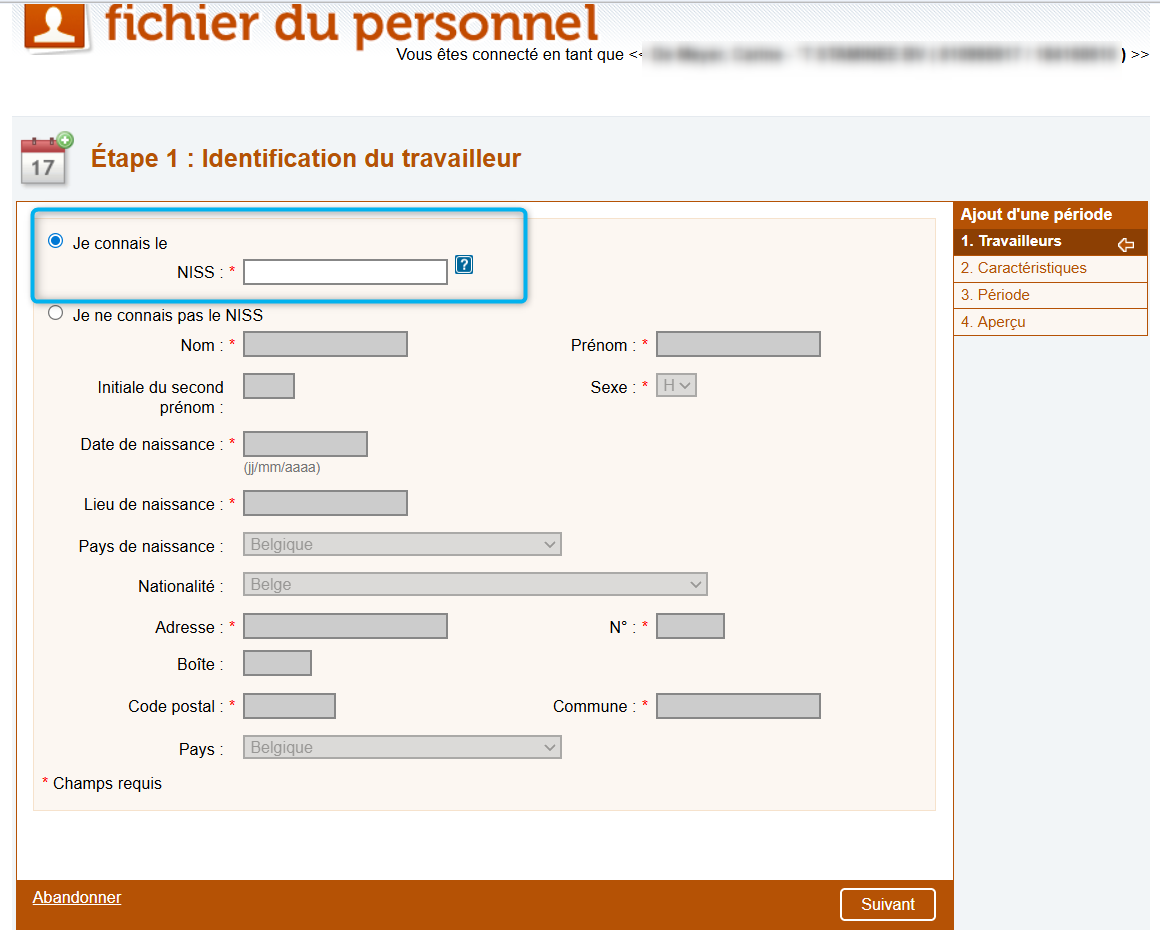 Workforce Register (Fichier du personnel) - Identifying an employee - SSIN known Screenshot highlighting the identification of the employee by the employer, by means of the SSIN.