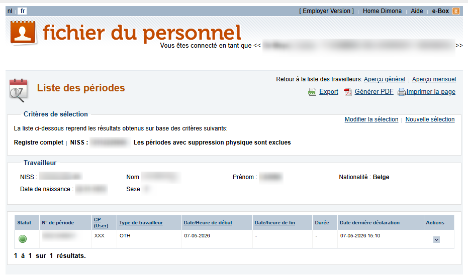 Workforce Register (Fichier du personnel) - List of periods Screenshot showing all periods of work for an employee.