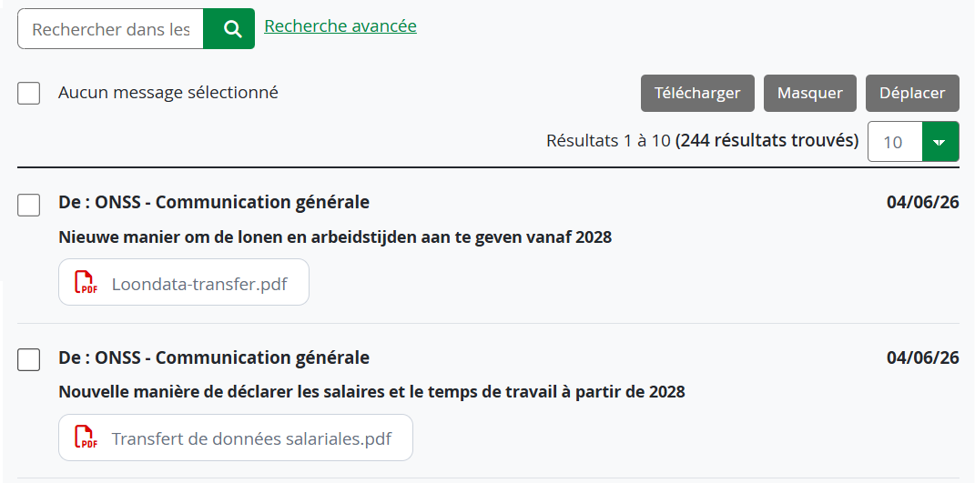 Email inbox showing messages and the interface displays search, filter and move options