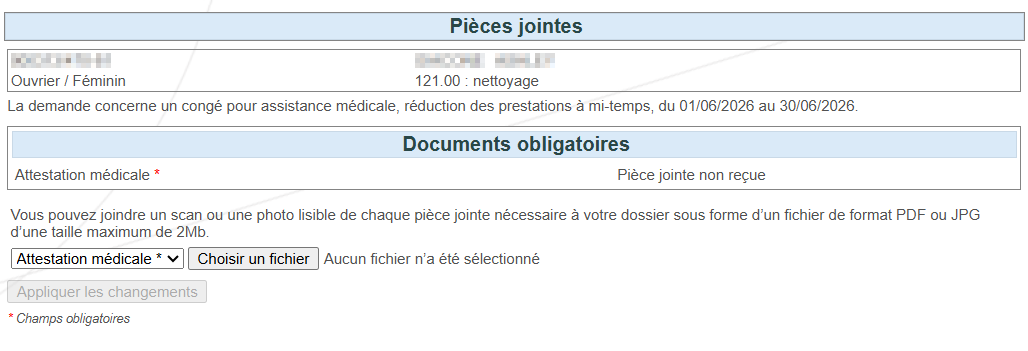 Screenhot showing the attachments and the required documents. Possibility to choose a file and to apply changes.