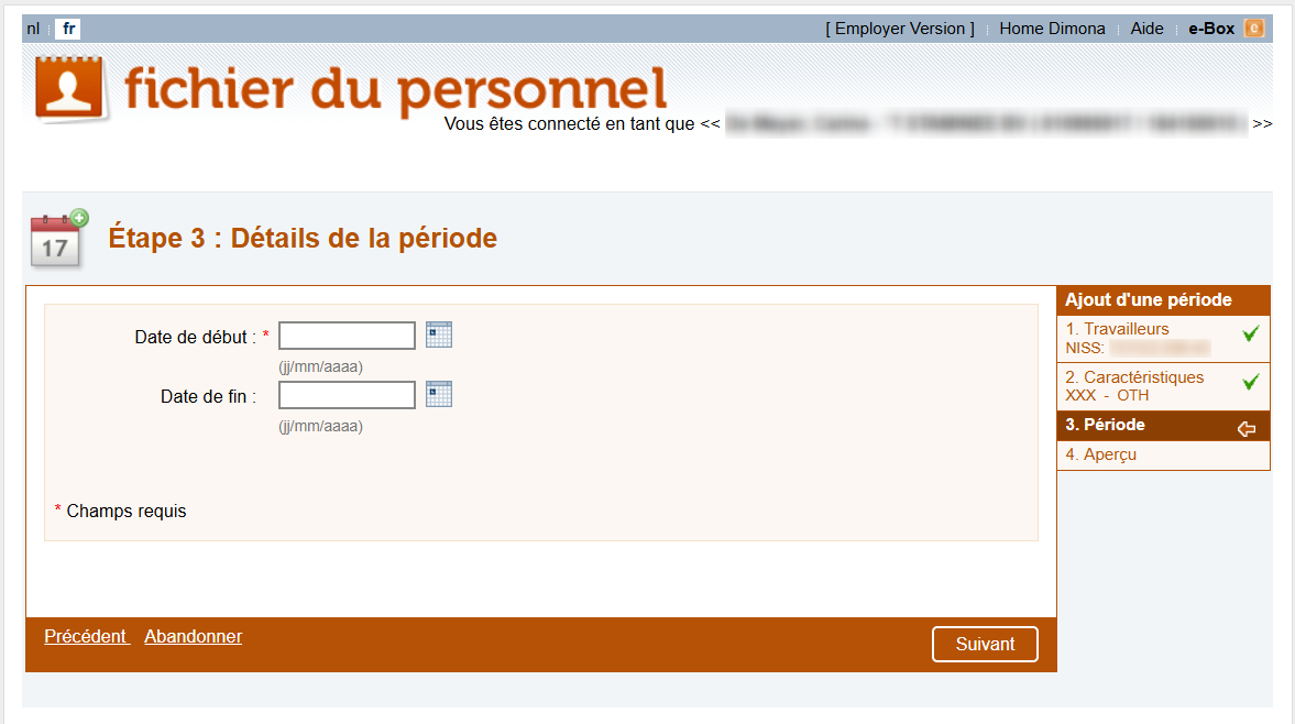 Workforce Register (Fichier du personnel) - Details of the working period Screenshot highlighting the field Starting Date (Date de début) & Ending date (Date de fin) to be filled out.